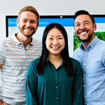 Innersloth Team**

"A photograph of the Innersloth team (Marcus Bromander, Forest Willard, Amy Liu) in a brightly lit, modern office. They are smiling and looking directly at the camera, fully clothed in casual professional attire. The background is a clean, minimalist design with computer screens visible. Safe for work, appropriate content, professional, perfect anatomy, correct proportions, well-formed hands, proper finger count, family-friendly."

**
